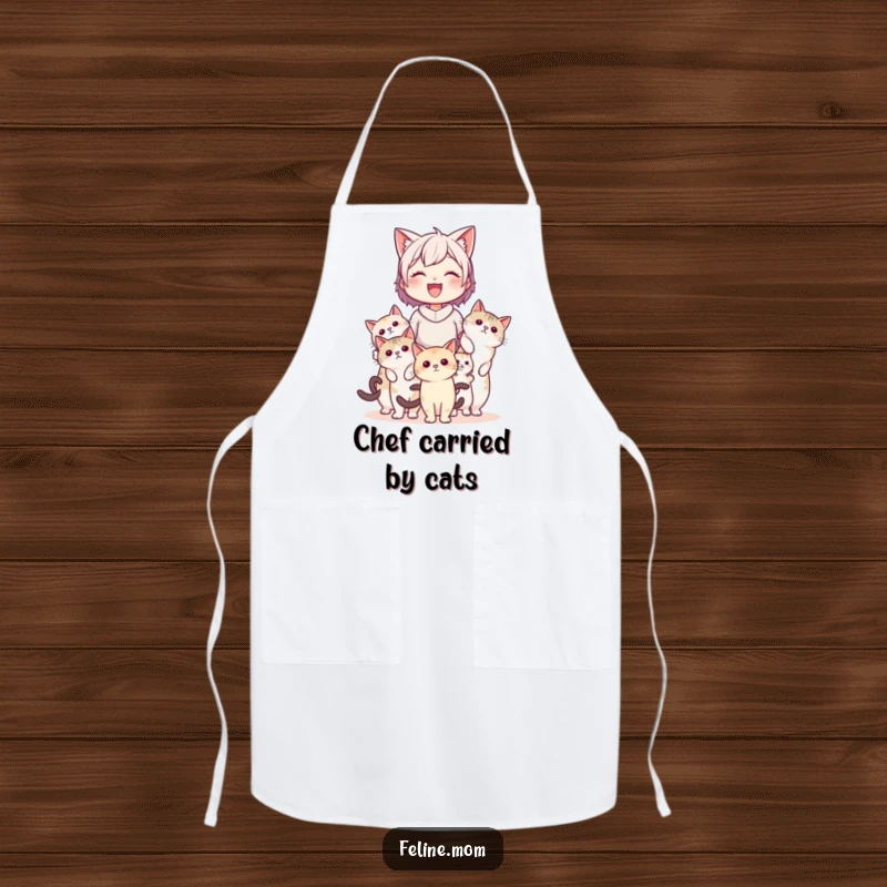 Funny cat lady wearing an apron, being carried by several cats, bringing humor to cooking and kitchen tasks with a unique feline flair.
