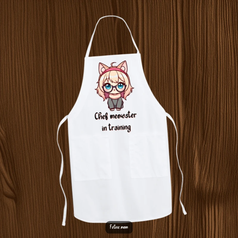Funny Kawaii Cat Lady Apron showing a cute character with cat ears and glasses, ready for kitchen fun and culinary creativity.
