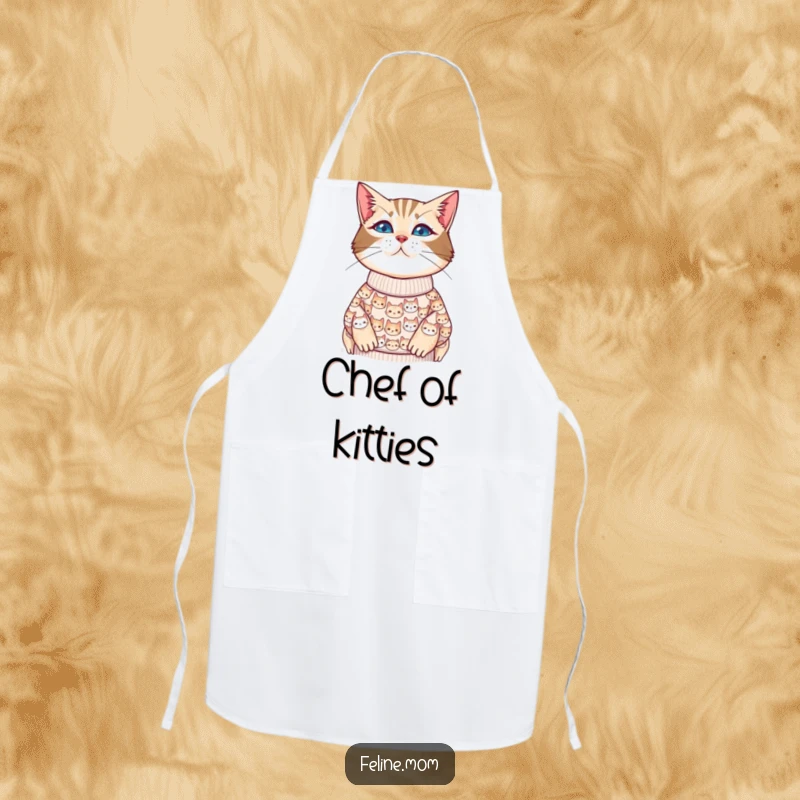 Funny cat lady apron featuring a cat face sweater design, ideal for a cat-loving cook in the kitchen.