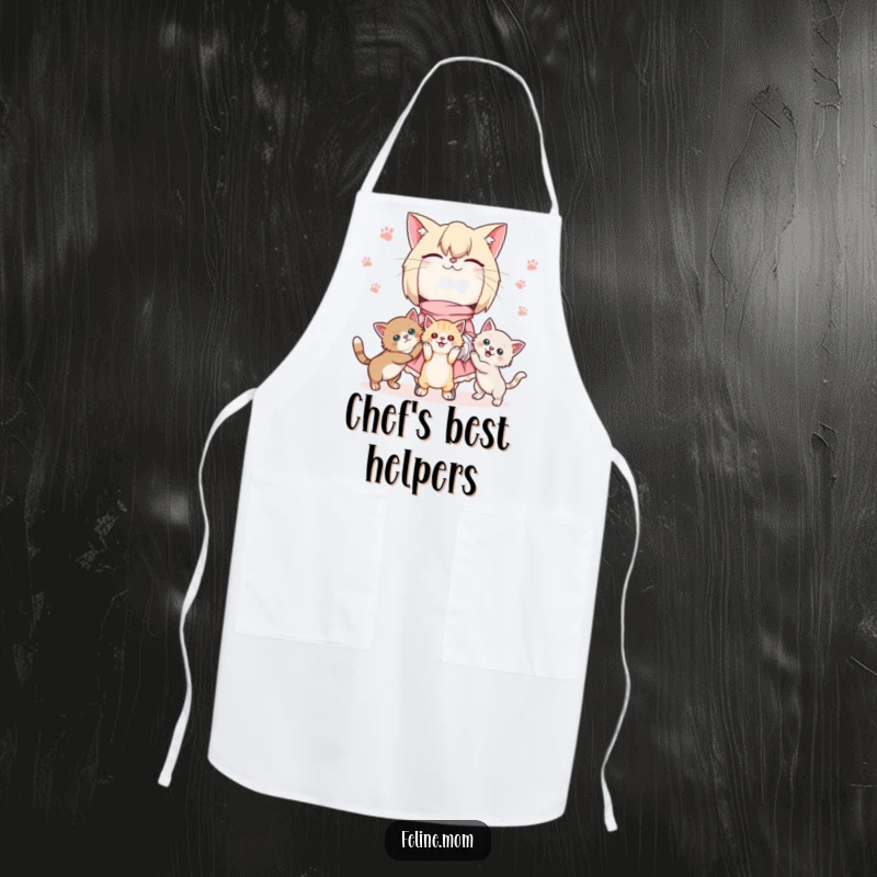 Funny Kawaii cat lady apron showing a cute character juggling three playful kittens, ready to bring adorable chaos to the kitchen.