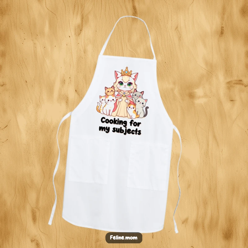 Funny cat lady dressed as a queen, with her cats as her court, on a practical and humorous apron.