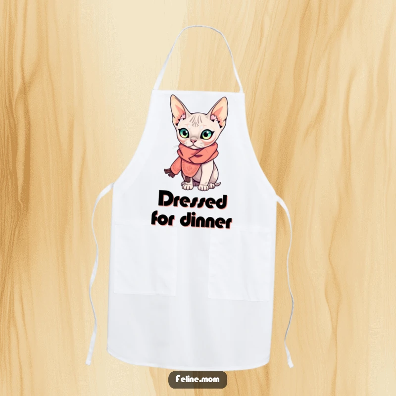 Funny Sphynx cat apron showing a curious, hairless cat wearing an elaborate scarf, ready for hilarious culinary adventures in the kitchen.