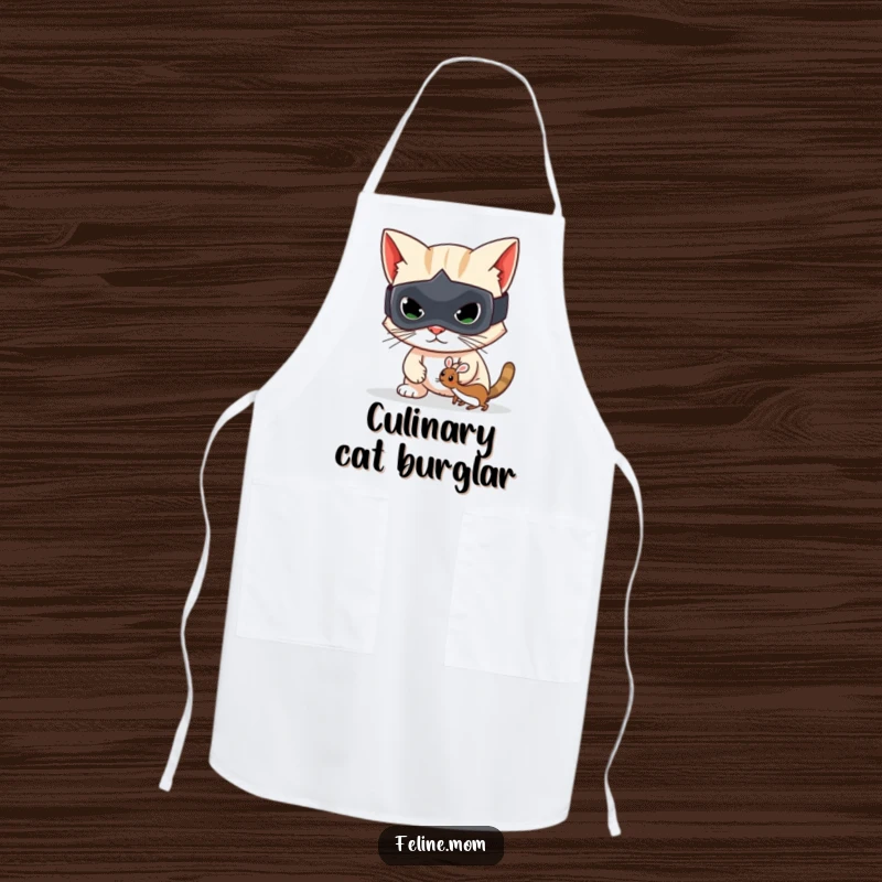 Funny apron featuring a mischievous cat bandit in a mask, ready to cook, perfect for kitchen fun.