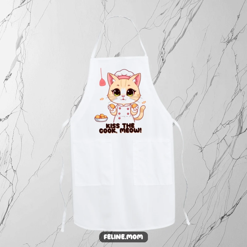 Funny Apron: A cat lady in a chef hat presents tiny fish treats, keeping your clothes clean with a smile.