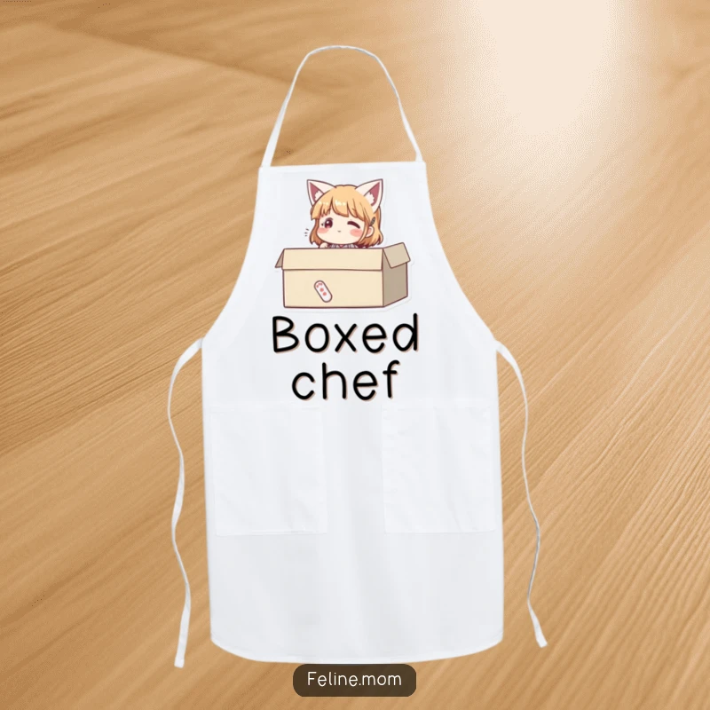 Funny apron showing a woman sitting contentedly in a cardboard box, looking happy. A humorous kitchen or craft accessory.
