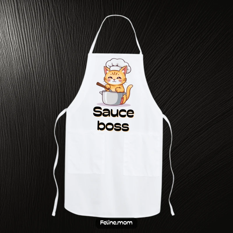 Funny Apron featuring a ginger cat chef in a hat, stirring a pot, ready to add humor to meal prep.