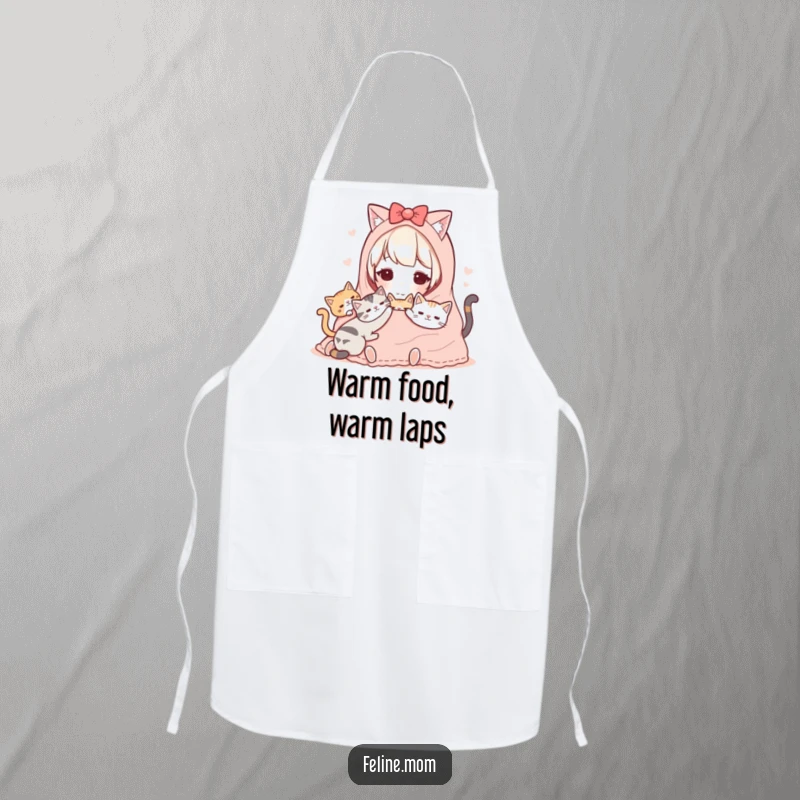 Funny Kawaii Cat Lady Apron showing a cute character sharing a blanket with cats, adding cozy charm to kitchen wear.