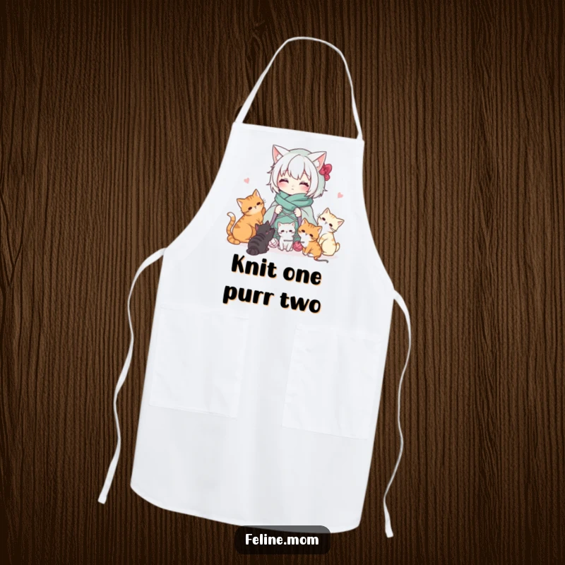 Funny Kawaii cat lady character draped in yarn with cats playing, on a functional and stylish apron. Perfect for the creative crafter.