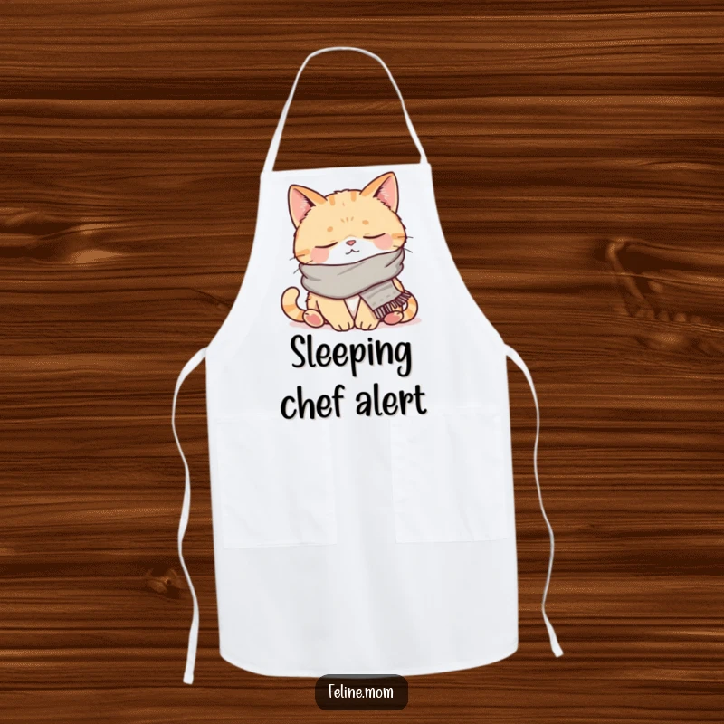 Funny and practical kitchen apron featuring a napping cat wearing a small scarf. Protect your clothes with this charming and humorous design.