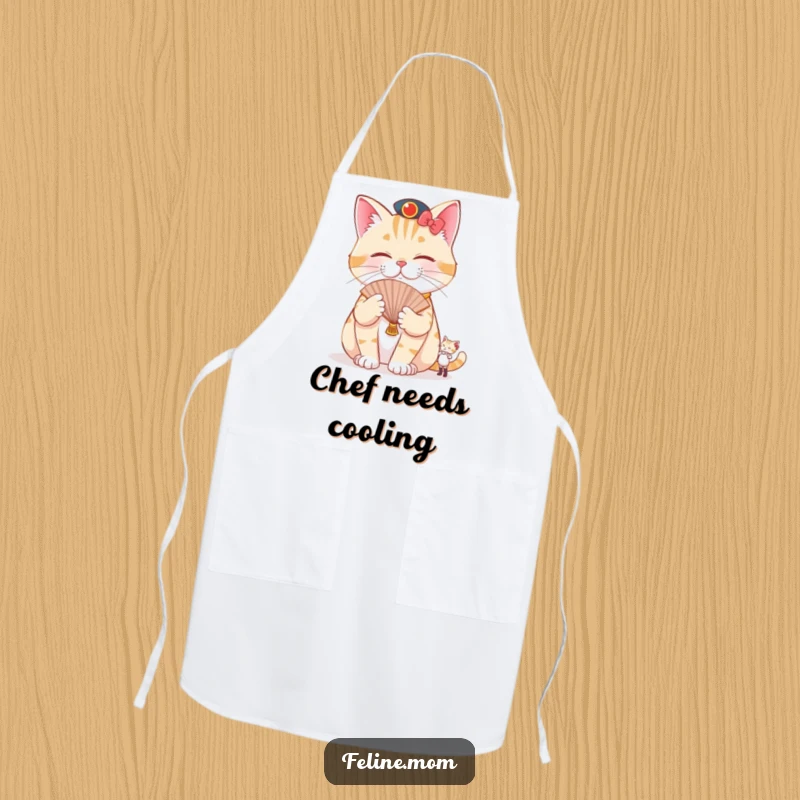 Funny pampered cat apron showing a cat being fanned by a tiny attendant, ready for hilarious culinary tasks with ultimate comfort.