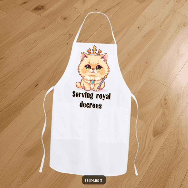 Funny apron featuring a regal Persian cat wearing a crown and sceptre, ideal for humorous and majestic kitchen adventures.