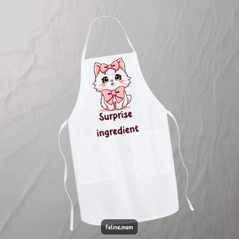 Funny apron featuring a fluffy cat looking surprised, wearing a large bow, ideal for kitchen activities.