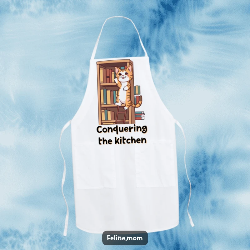 Funny determined tabby cat climbing a bookshelf, a functional and funny gift for home cooks.