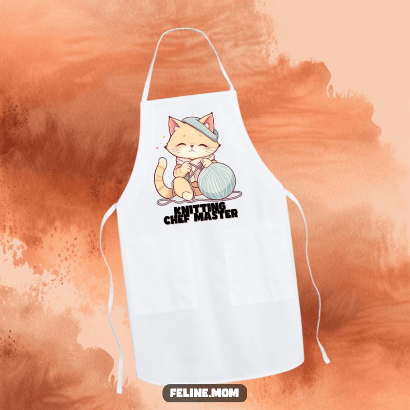 Funny cat lady wearing an apron, joyfully knitting a giant ball of yarn, bringing humor to crafting and kitchen activities.