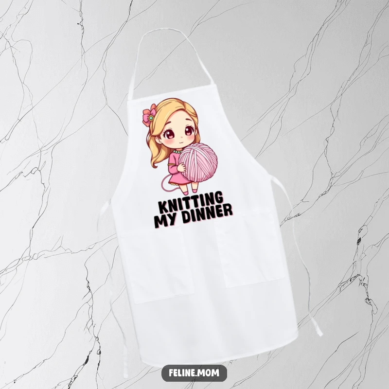 Funny apron showing a woman in a jeweled collar holding a massive yarn ball, ready for kitchen or craft chaos. A humorous accessory.