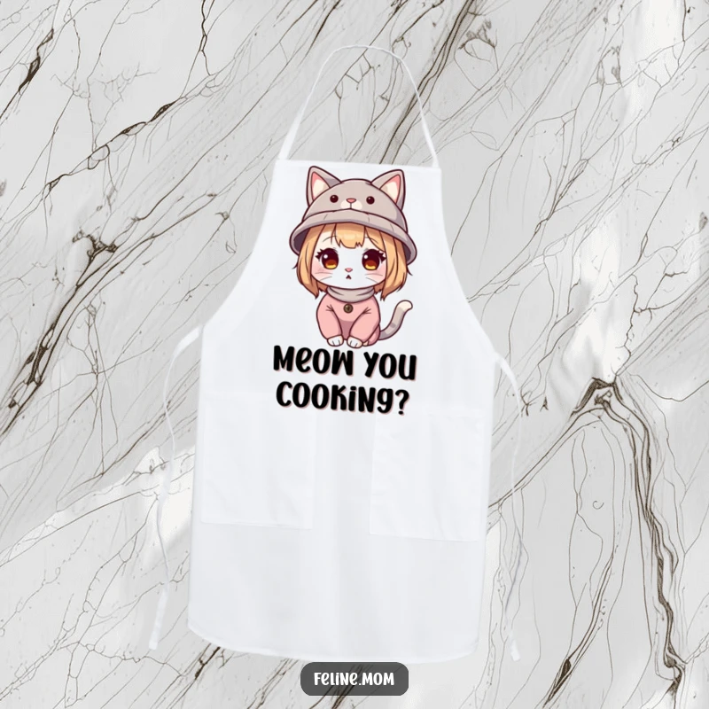Funny cat lady illustration wearing a hat with cat ears, on a practical and stylish kitchen apron.