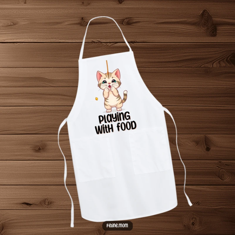Funny Apron: A playful tabby cat batting at a string, making your kitchen time more amusing.