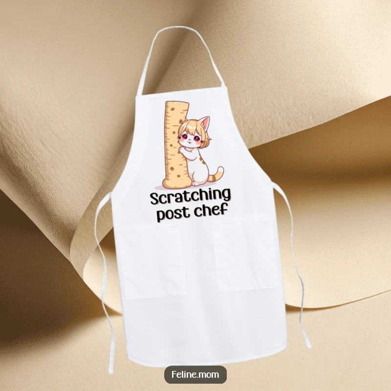 Funny illustration of a cat lady with a giant scratching post as her companion, on an apron.