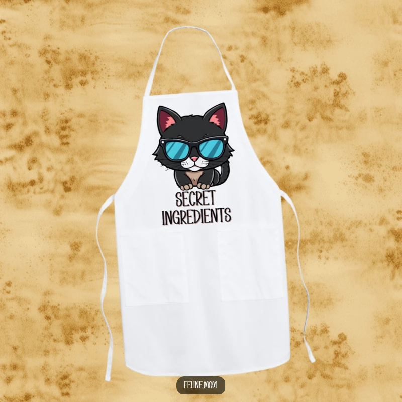 Funny Apron designed with a black cat wearing slick sunglasses, bringing a mysterious and cool vibe to the kitchen.