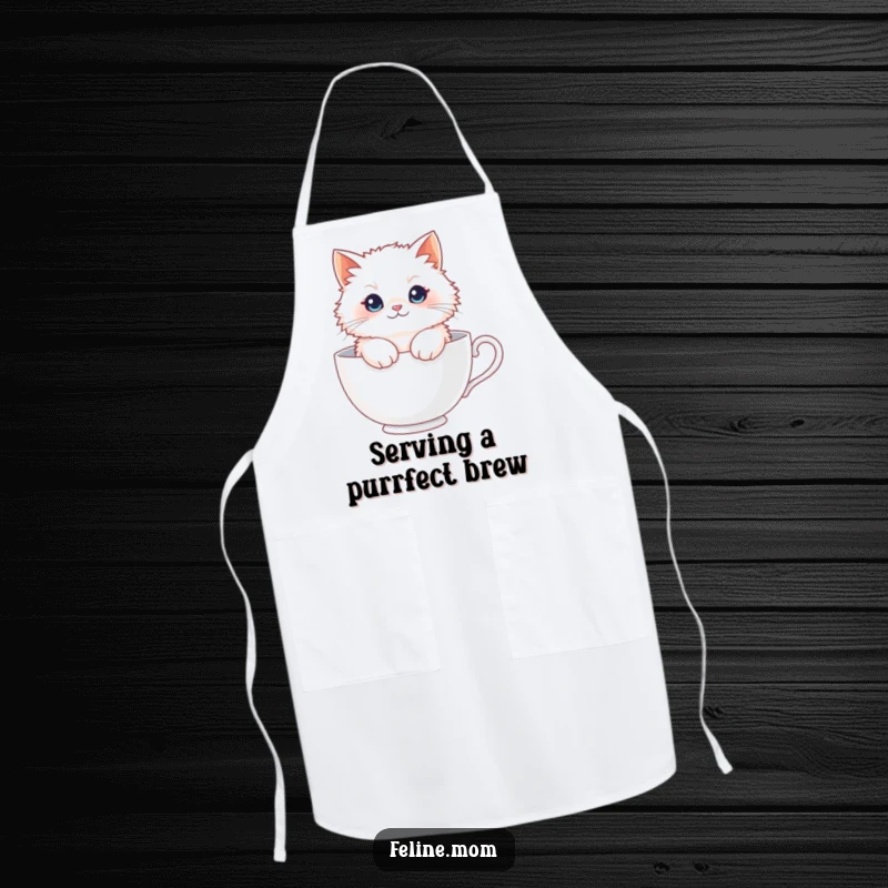 Funny Fluffy Cat Teacup Apron: A cute white cat sits in a giant teacup, adding a whimsical touch to your kitchen attire.