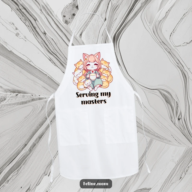 Funny apron depicting a peaceful cat lady surrounded by sleeping cats, ideal for a calm cooking experience.
