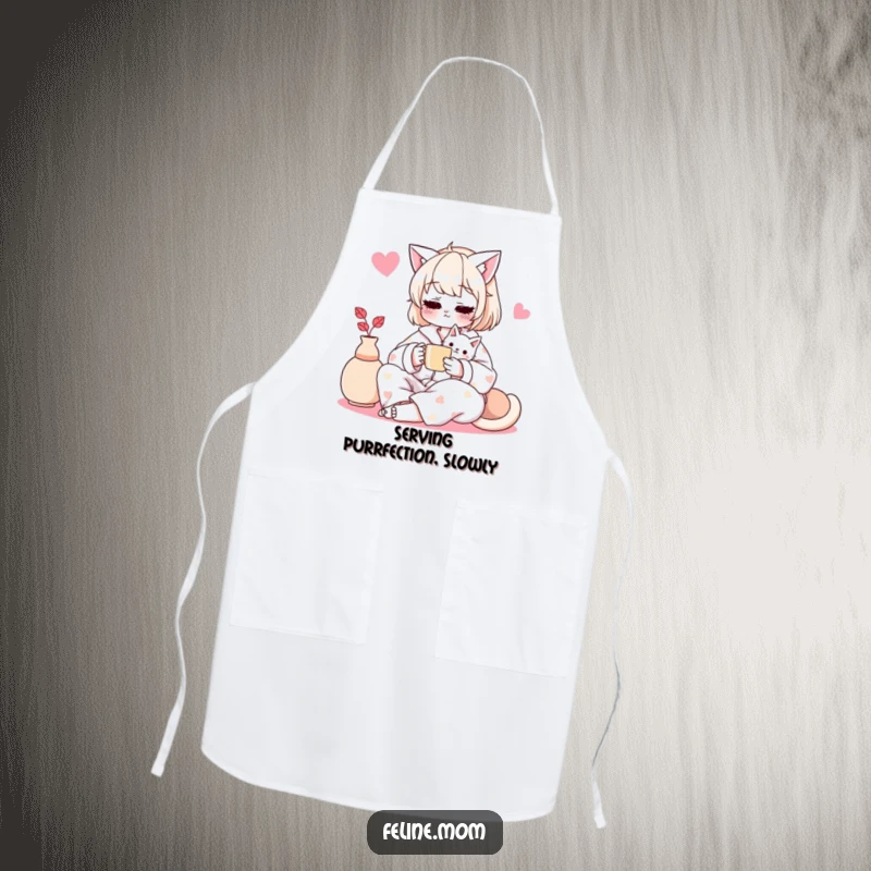 Funny apron illustration of a cat lady in pajamas, having tea with her cat, ideal for the kitchen.