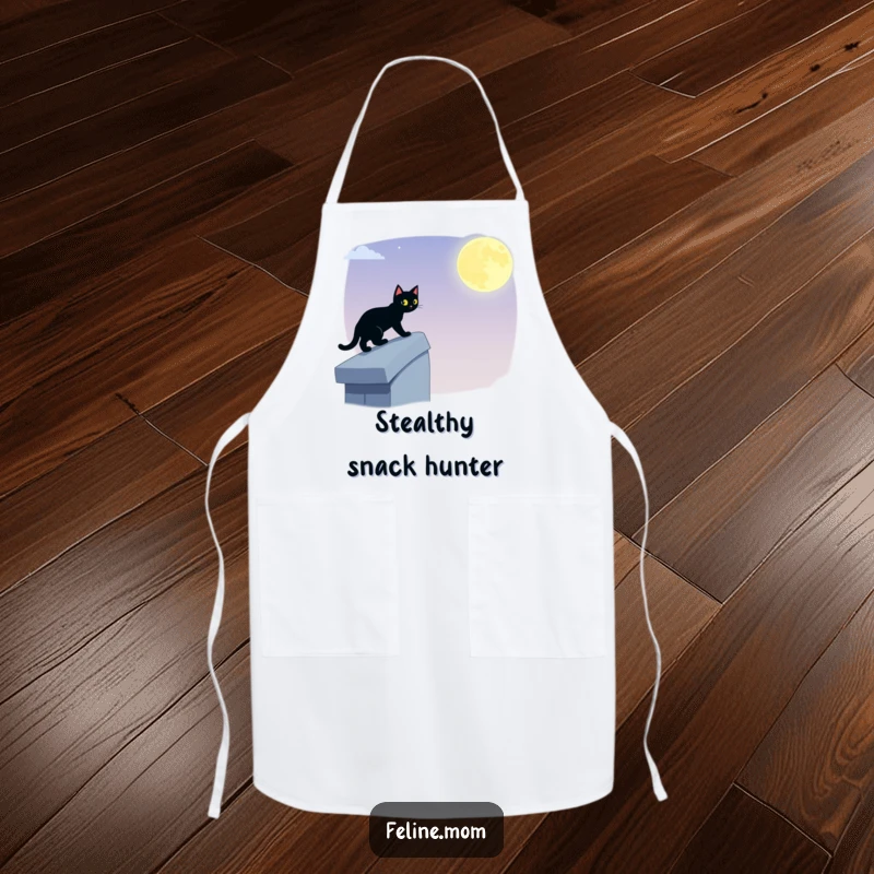 Funny black cat apron depicting a stealthy feline on a moonlit rooftop, ready for hilarious kitchen adventures and keeping cooks clean.