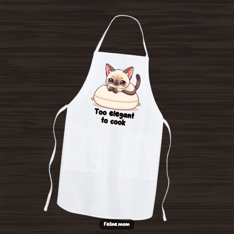 Funny Siamese Cat Apron featuring an elegant cat lounging elegantly, perfect for a humorous and stylish kitchen accessory.