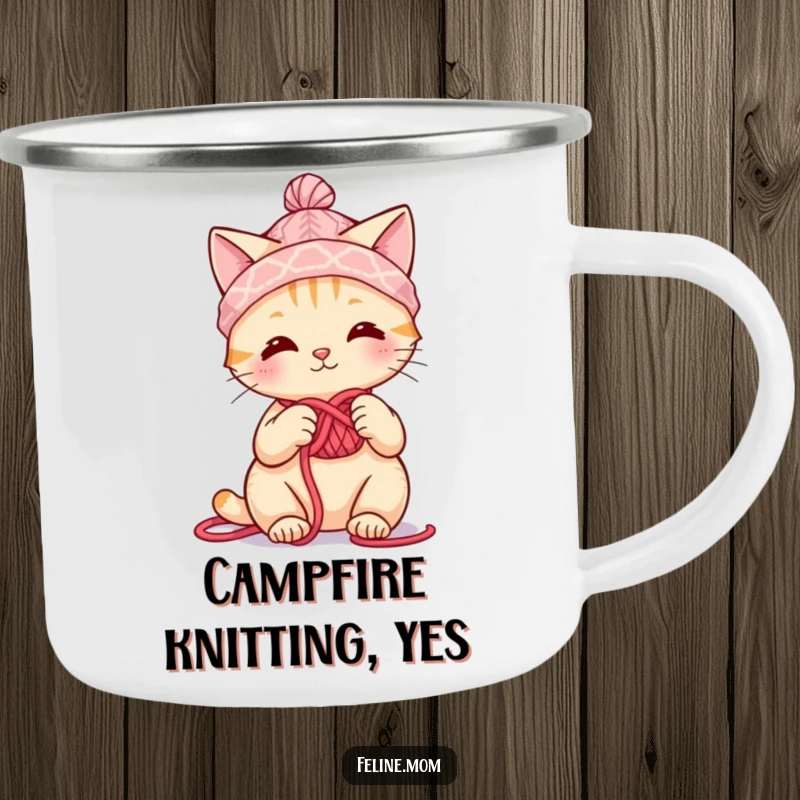 Funny cute cat wearing a yarn hat, knitting, a sturdy and funny gift for outdoor enthusiasts.