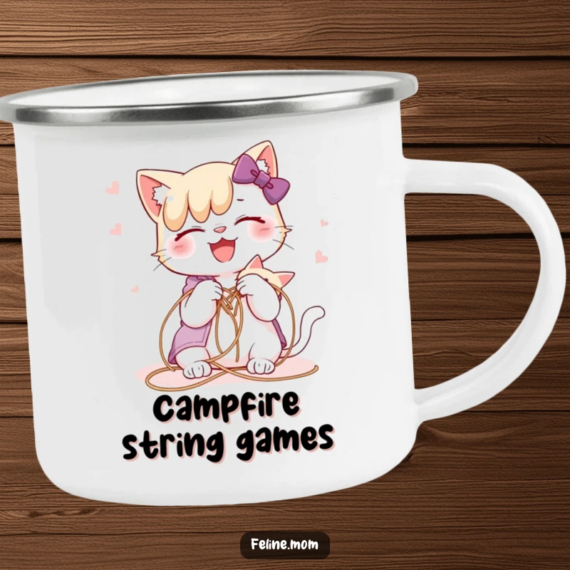 Funny cat lady joyfully untangling a cat from a string, on a rustic camping mug for trips.