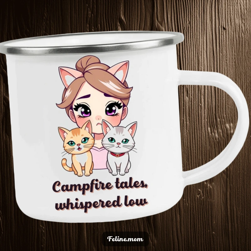 Funny camping mug depicting a woman with a knowing smirk and a mischievous cat, perfect for outdoor enthusiasts who enjoy humorous designs.