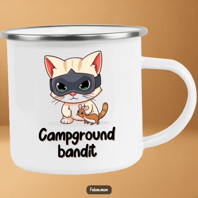 Funny camping mug with a mischievous cat bandit in a mask, enjoying the outdoors, ideal for adventurers.