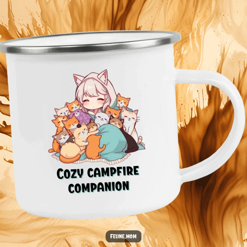 Funny Cat Lady camping mug showing a woman in a blanket being cuddled by many cats. Durable and humorous drinkware for cat lovers.