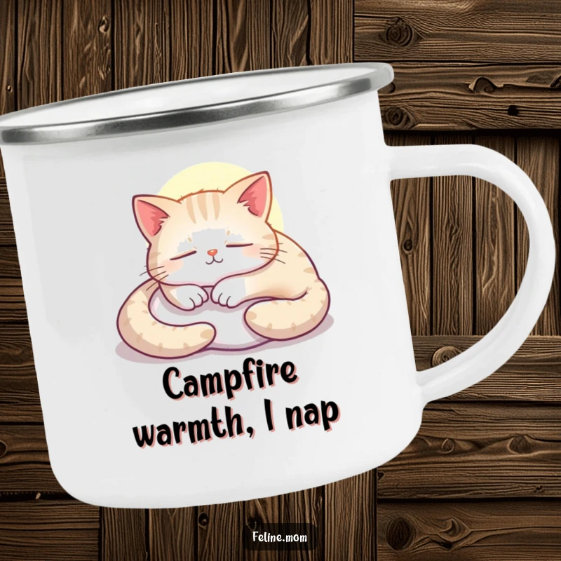 Funny cat camping mug illustration of a contented feline napping peacefully in a sunbeam.