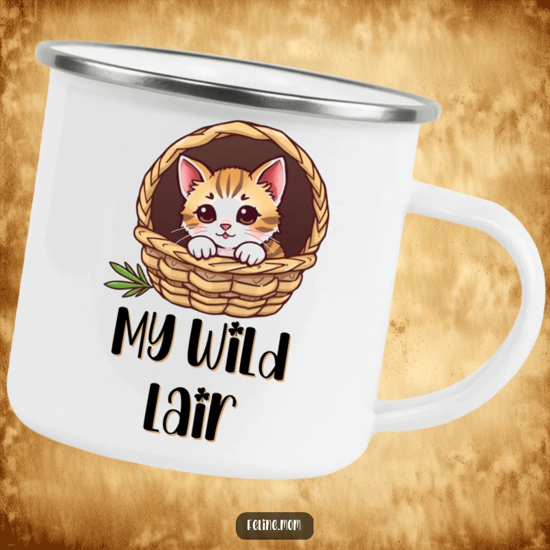 Funny cat camping mug illustration of a curious feline peeking from a cozy basket.