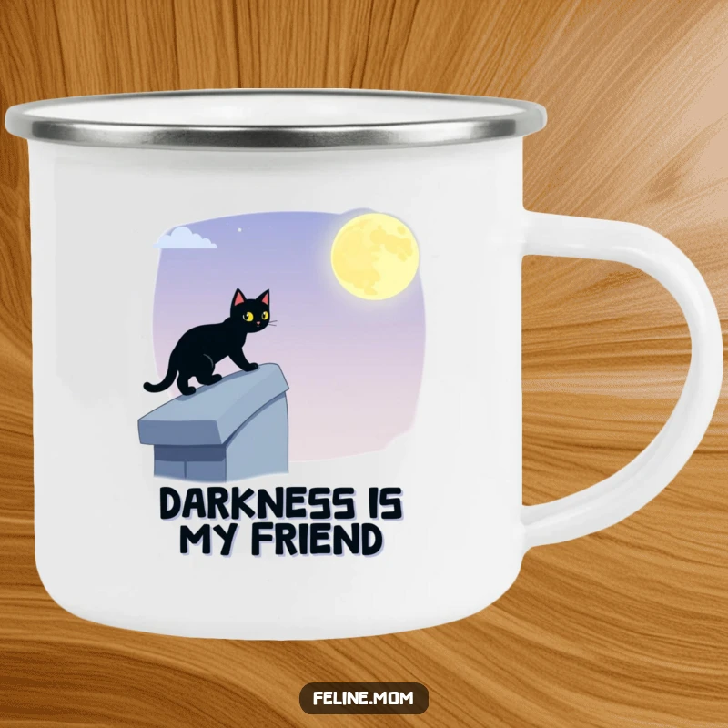 Funny black cat camping mug showing a stealthy feline on a moonlit rooftop, perfect for enjoying drinks during hilarious night adventures.