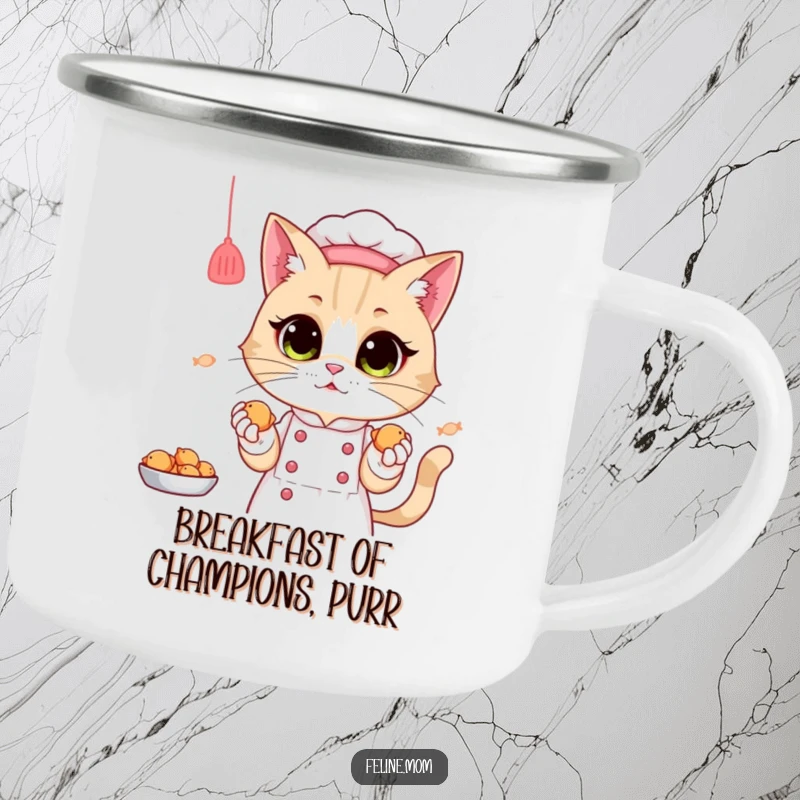 Funny Camping Mug: A cat lady chef offers tiny fish treats, perfect for enjoying a warm drink outdoors.