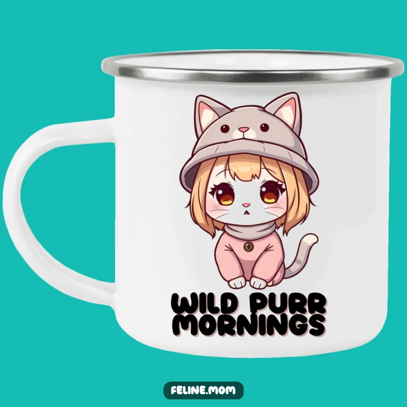 Funny Cat Lady Hat Enamel Camping Mug - Outdoor Adventure Feline Gift