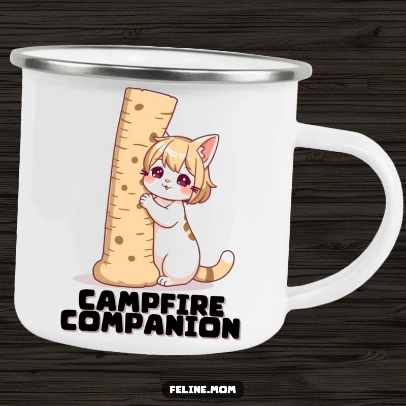 Funny illustration of a cat lady with a giant scratching post as her companion, on a camping mug.