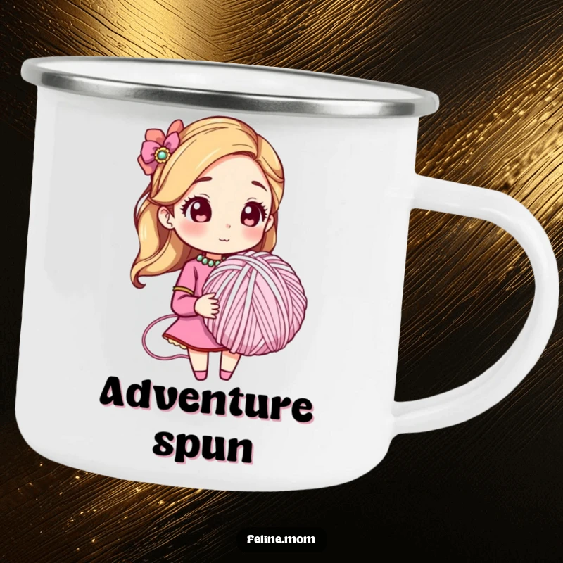 Funny camping mug depicting a woman in a jeweled collar with a giant yarn ball, perfect for outdoor fun. A humorous gift.