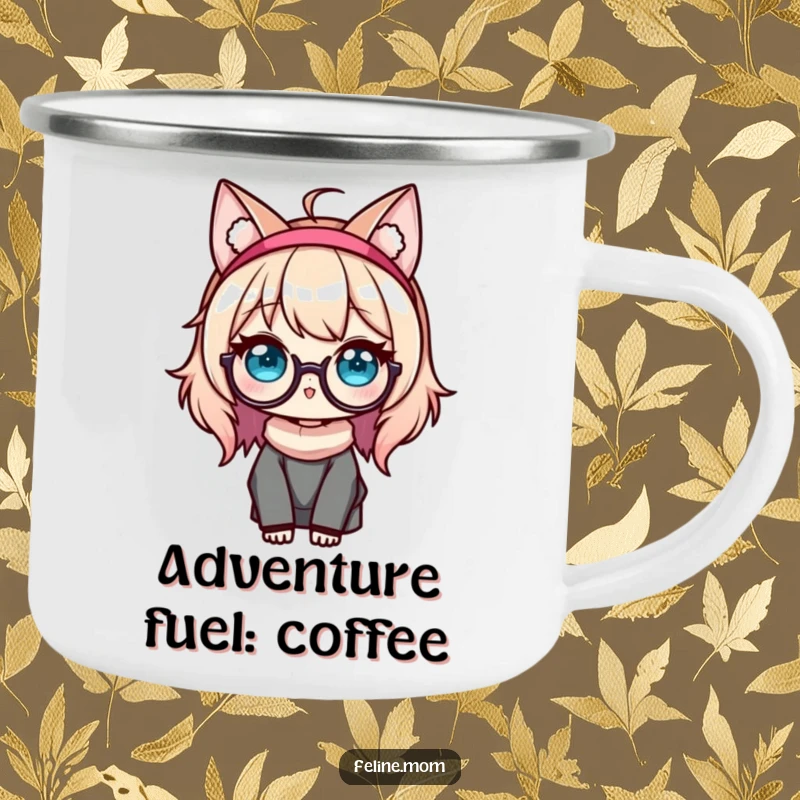 Funny Kawaii Cat Lady Camping Mug showcasing a cute character with cat ears and glasses, perfect for outdoor adventures and hot beverages.