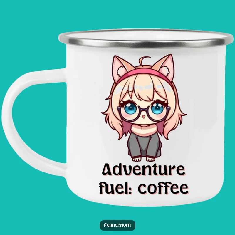 Funny Kawaii Cat Lady Camping Mug: Adventure Ready Glasses & Cat Ears, Cool Funny Gift