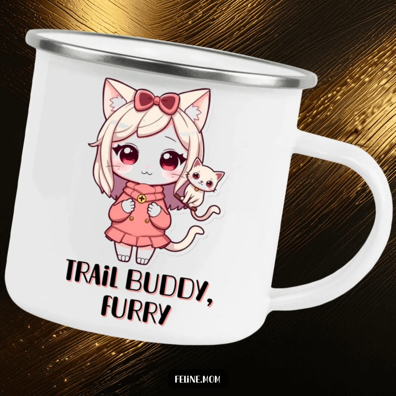Funny Kawaii Cat Lady Camping Mug showing a cute character with a cat perched on her shoulder, perfect for outdoor moments.