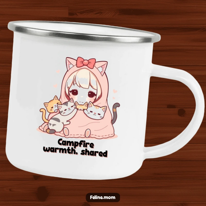 Funny Kawaii Cat Lady Camping Mug showing a cute character snuggled under a blanket with cats, perfect for warm drinks outdoors.