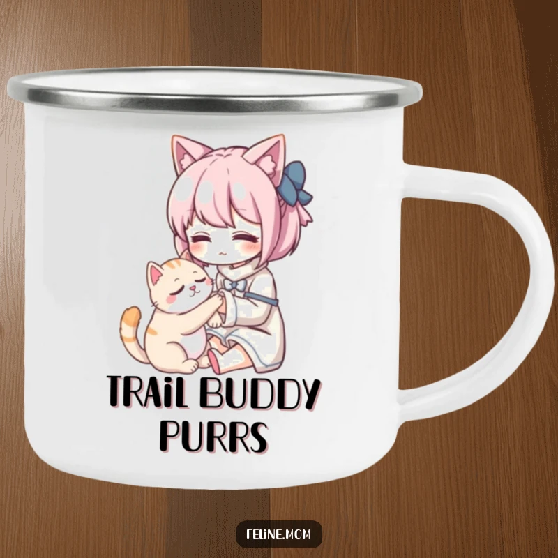 Funny Kawaii cat lady character gently petting a purring cat on a rustic enamel camping mug. Perfect for outdoor lovers.