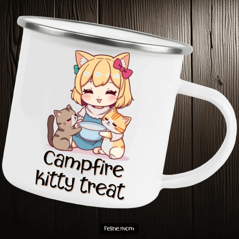 Funny Kawaii cat lady character offering a bowl of milk to a cat on a rustic enamel camping mug. Perfect for outdoor enthusiasts.