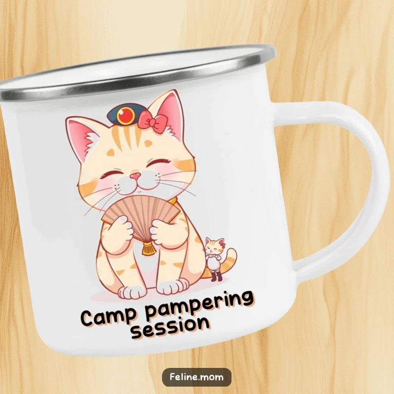 Funny pampered cat camping mug showing a cat being fanned by a tiny attendant, perfect for hilarious outdoor relaxation.
