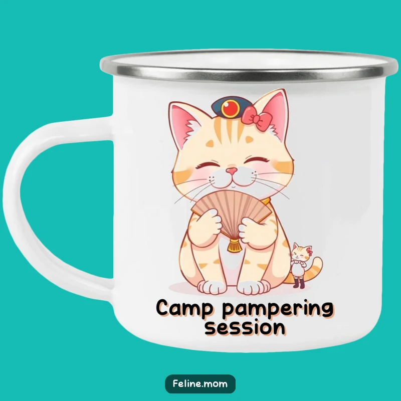 Funny Pampered Cat Camping Mug: Fanned Feline Luxury, Durable Hilarious Gift