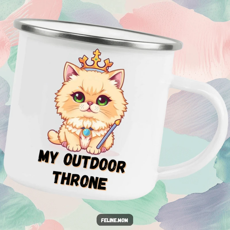 Funny enamel camping mug featuring a regal Persian cat in a crown and sceptre, perfect for majestic outdoor sipping.