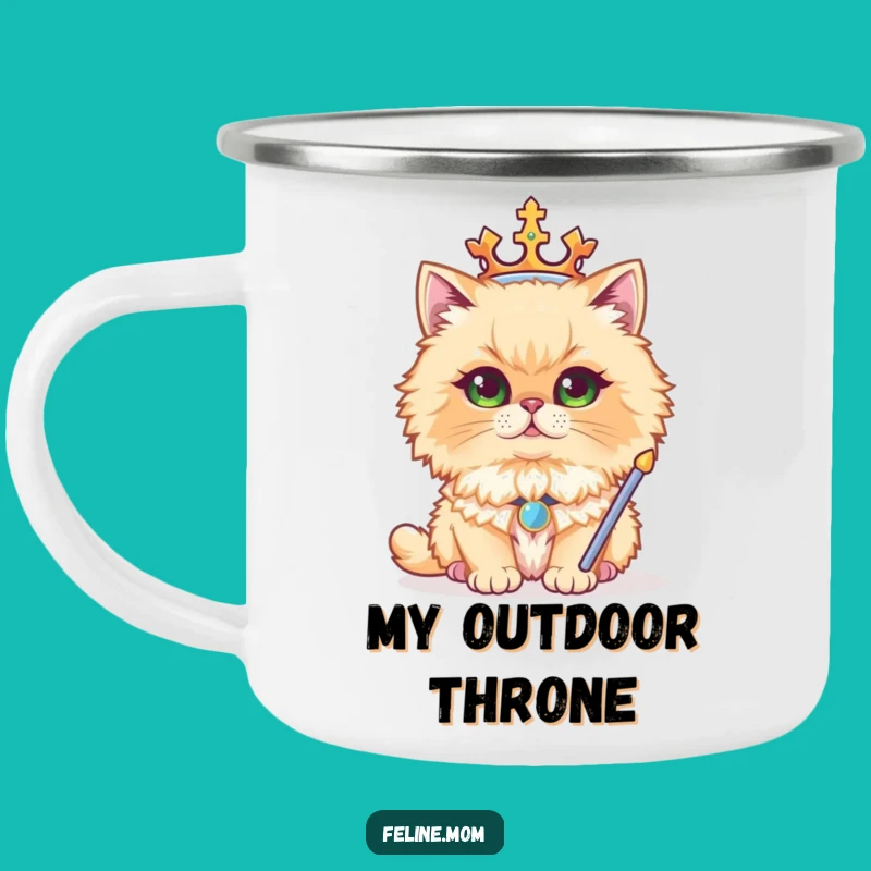 Funny Regal Persian Cat Camping Mug - Royal Crown Sceptre Enamel Cup
